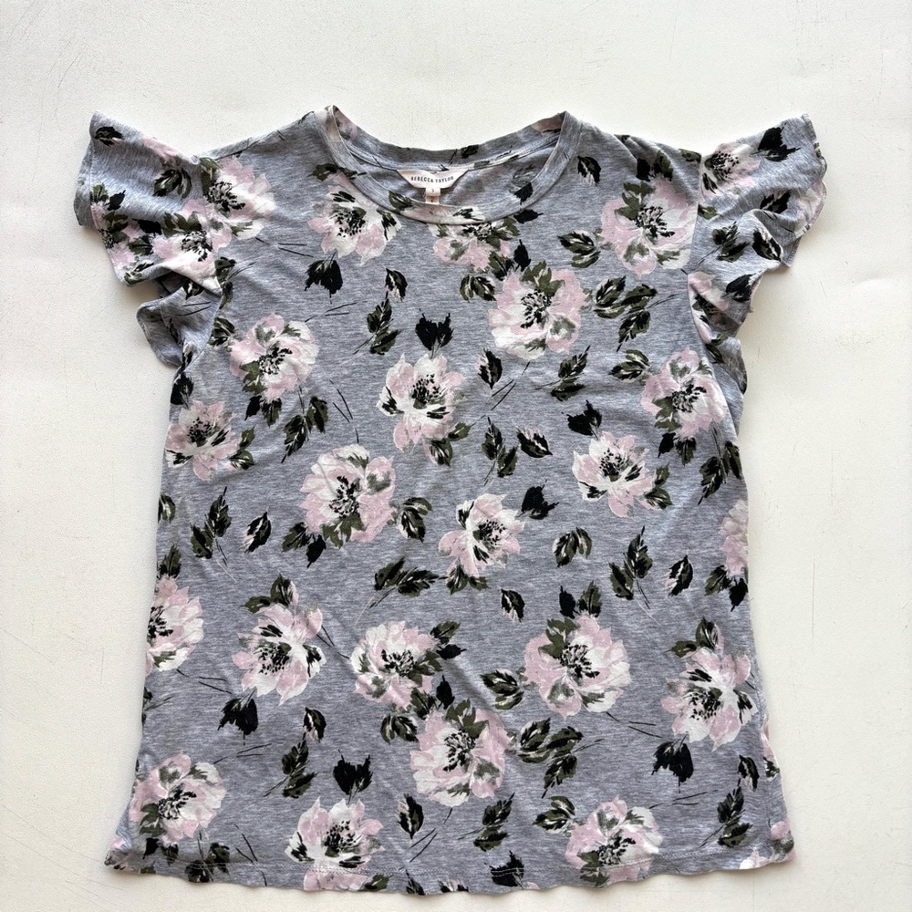 Rebeca Taylor pastel pink & grey small floral short sleeve too ruffle sleeves